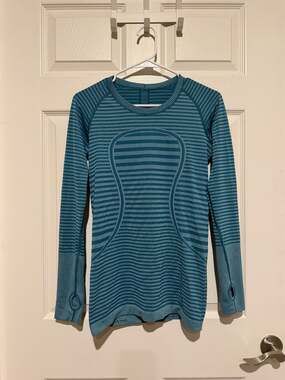 Lululemon Swiftly Tech Long Sleeve Crew Heathered Forage Teal Striped Top